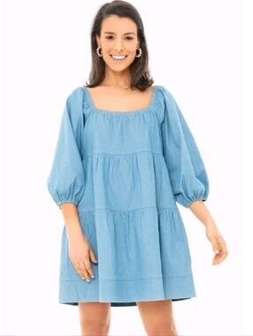 LALAVON chambray square neckline tiered puff sleeves Mini Dress Size Large